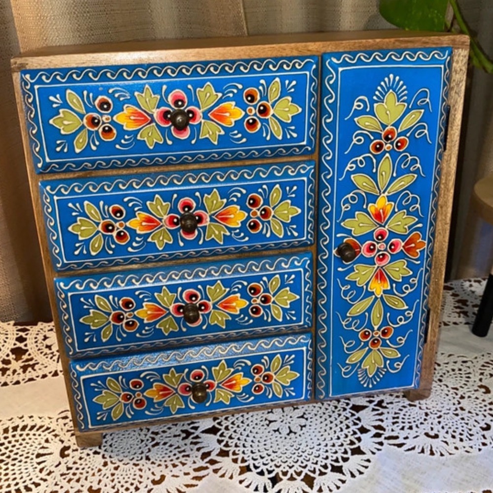 Sundance Hand Painted Blue Wood Jewelry Box Mini Chest